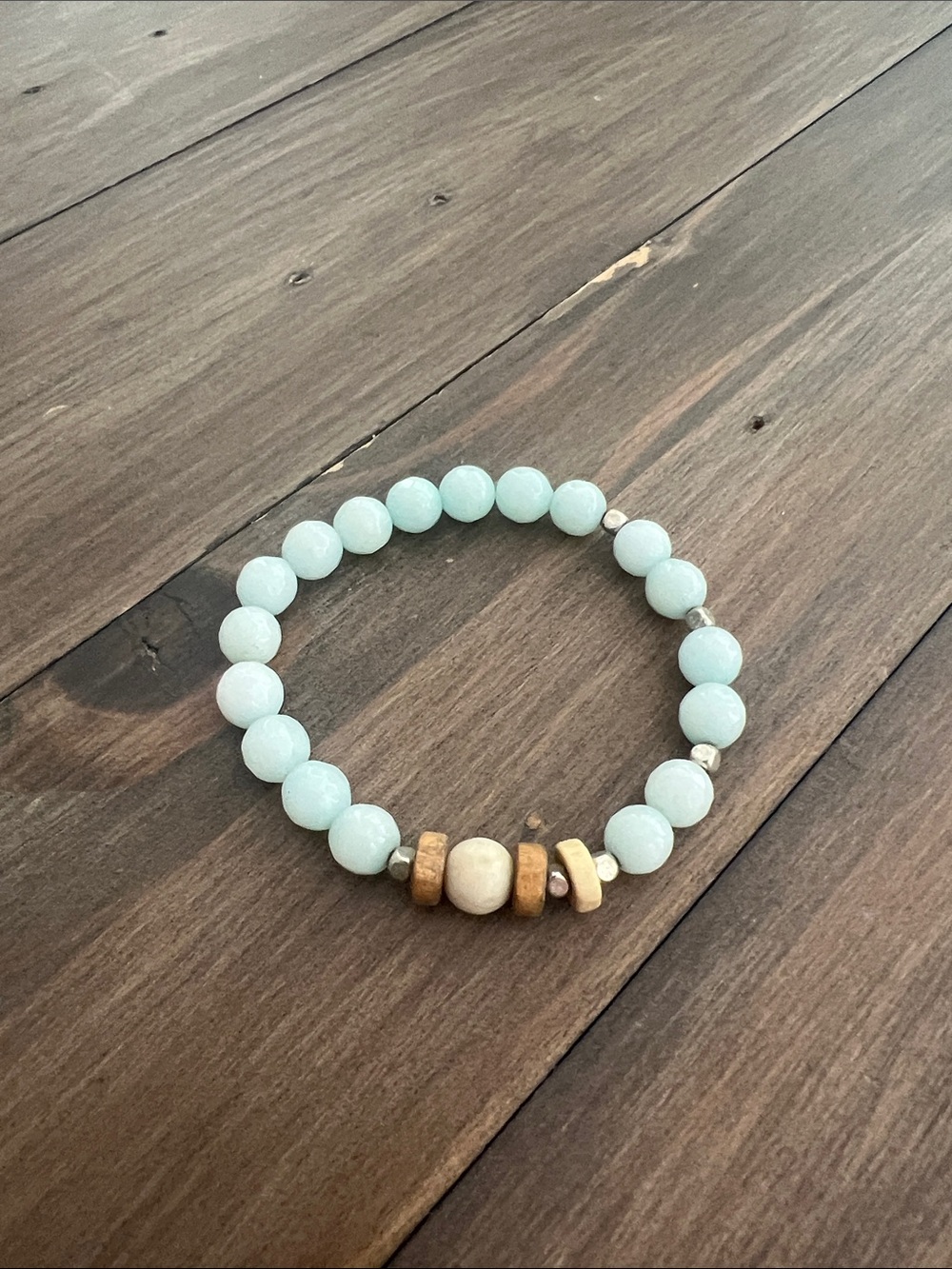 Light Aqua Beaded Stretch Bracelet with Wooden Accents